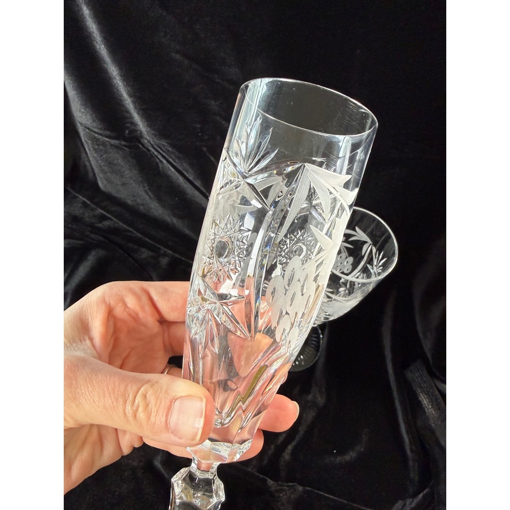 Vintage Cut Crystal Champagne Flutes Etched Floral Starburst Glasses Set 6 - Picture 5 of 7